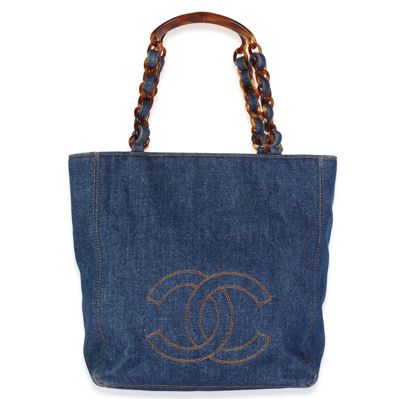 Chanel Vintage Navy Denim Tortoiseshell CC Shopper Tote Handbag fv