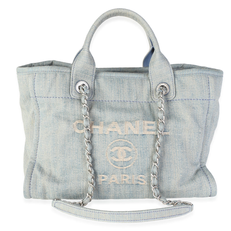 Chanel Light Blue Distressed Denim Small Deauville Tote Handbag fv