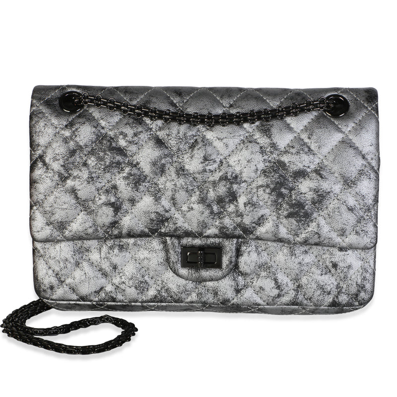 Chanel Silver Black Metallic Quilted Caviar 2.55 Reissue 226 Flap Bag Handbag fv