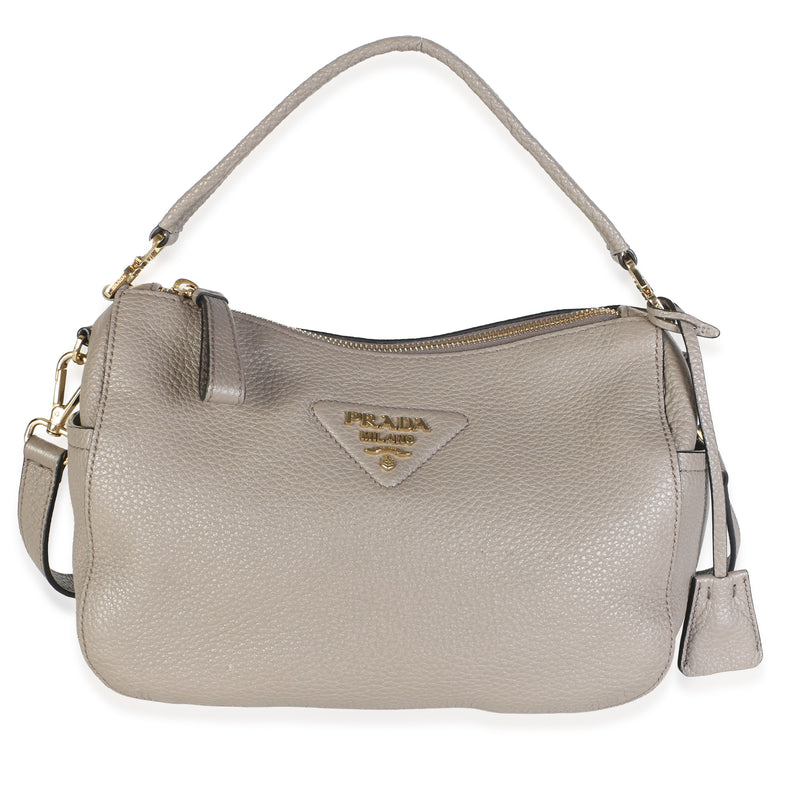 Prada Clay Gray Grained Calfskin Small Triangle Logo Shoulder Bag Handbag fv