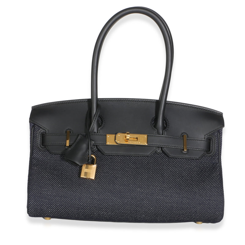 Hermès Blue Indigo Denim Black Swift Light Shoulder Birkin 29 GHW Handbag fv