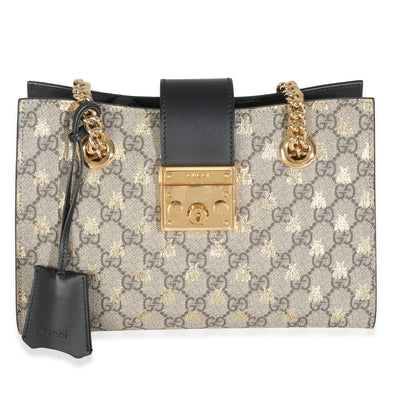 Beige GG Supreme Canvas Bees Small Padlock Tote