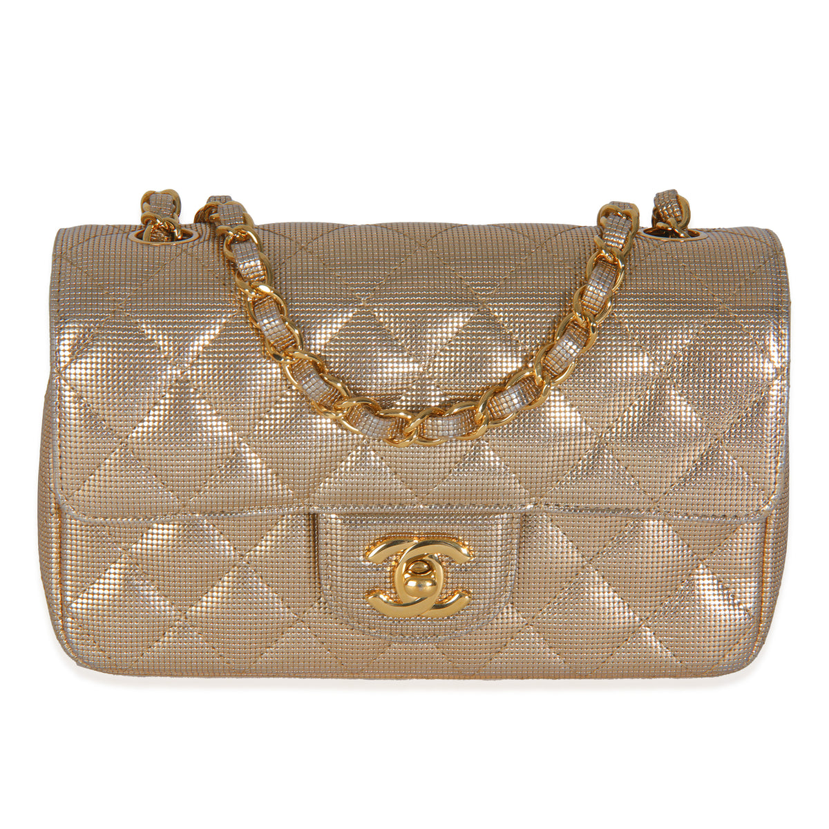 Gold Metallic Lambskin Perforated Mini Rectangular Flap Bag