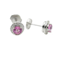 Soleste Halo Pink Sapphire & Diamond Earrings in Platinum