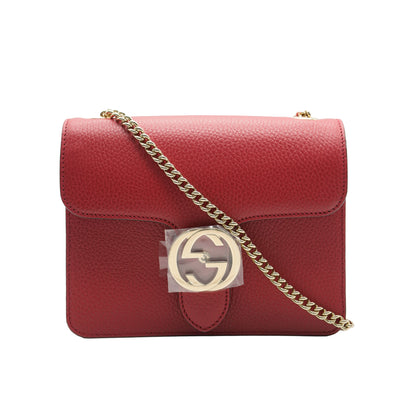 Red Pebbled Calfskin Small Interlocking G Chain Bag