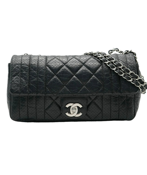 Black Aged Calfskin Quilted Perforated 50s Flap