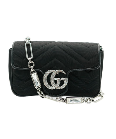 Black Moire Fabric Crystal Supermini GG Marmont Belt Bag