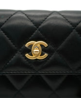 Black Quilted Lambskin Pearl Crush Card Holder On Chain