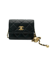 Black Quilted Lambskin Pearl Crush Card Holder On Chain