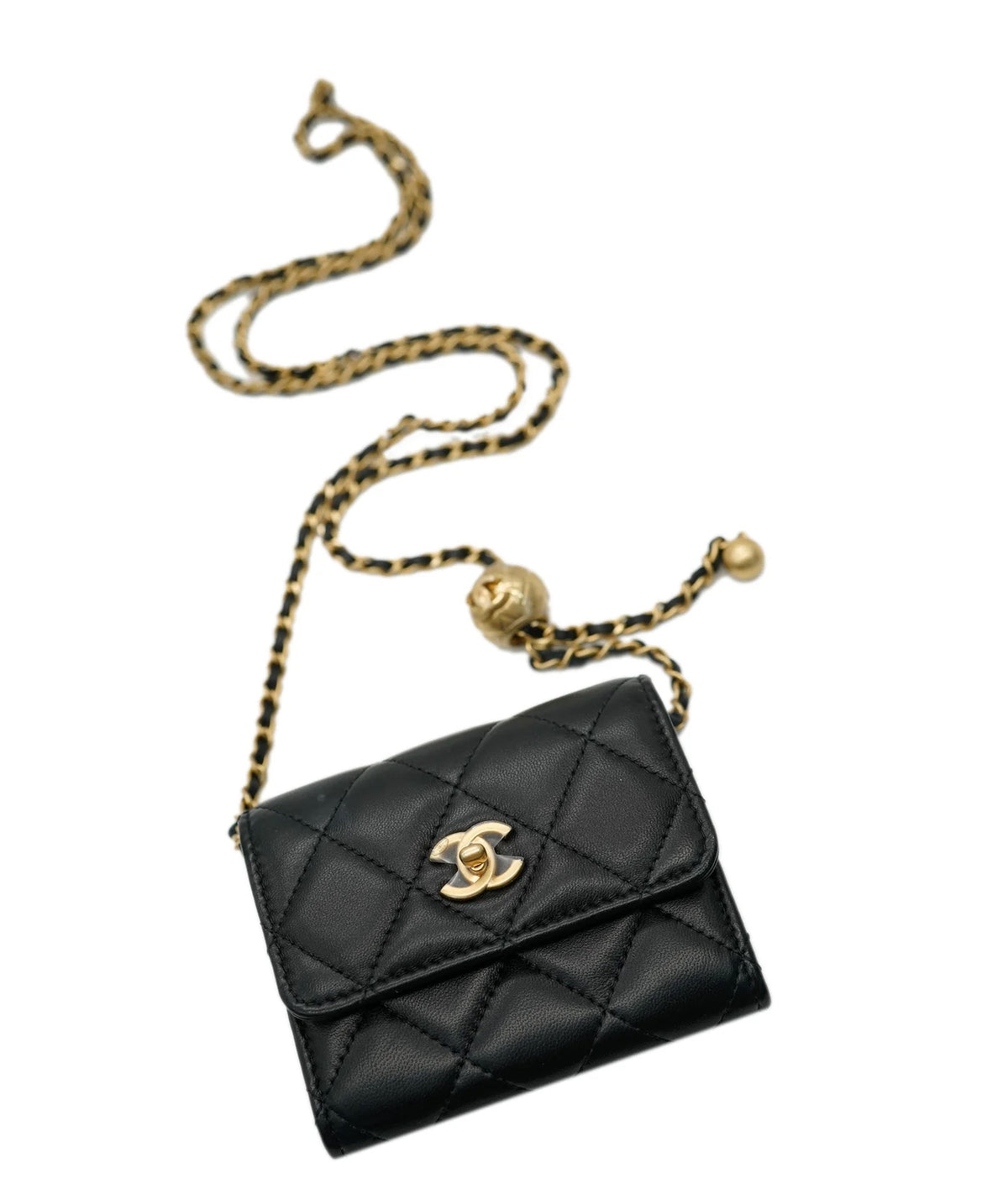 Black Quilted Lambskin Pearl Crush Card Holder On Chain