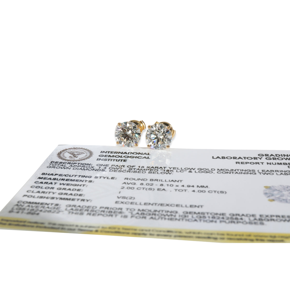 4 ctw Yellow Gold Lab-Grown Diamond Earrings