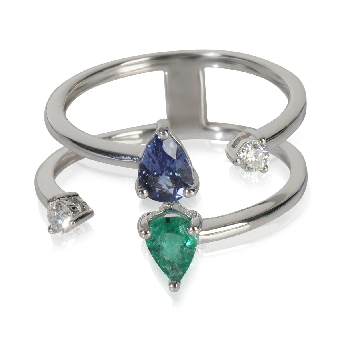 White Gold Emerald, Tanzanite and Diamond Ring