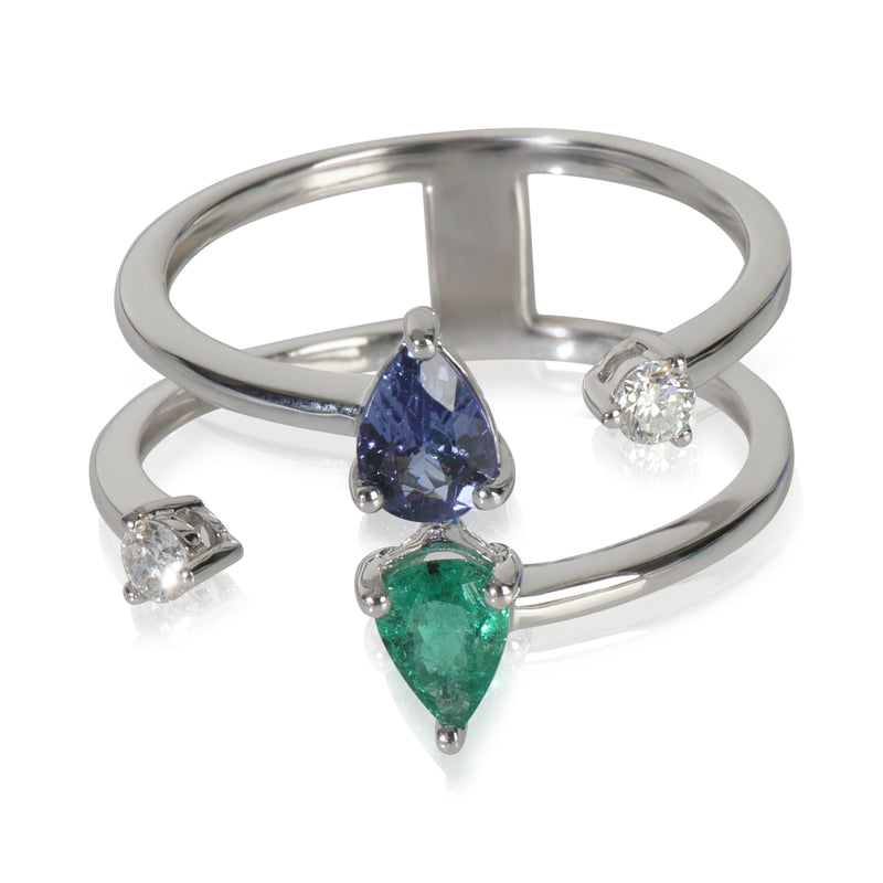 White Gold Emerald, Tanzanite and Diamond Ring