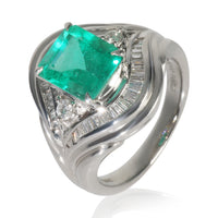 Platinum Emerald and Diamond Vintage Cocktail Ring