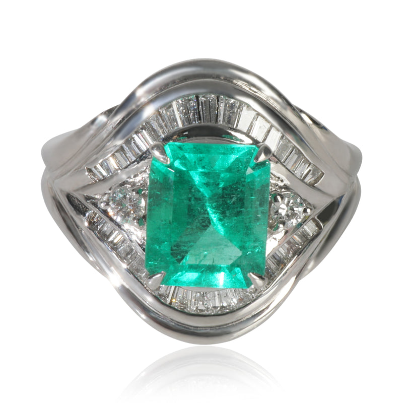 Platinum Emerald and Diamond Vintage Cocktail Ring