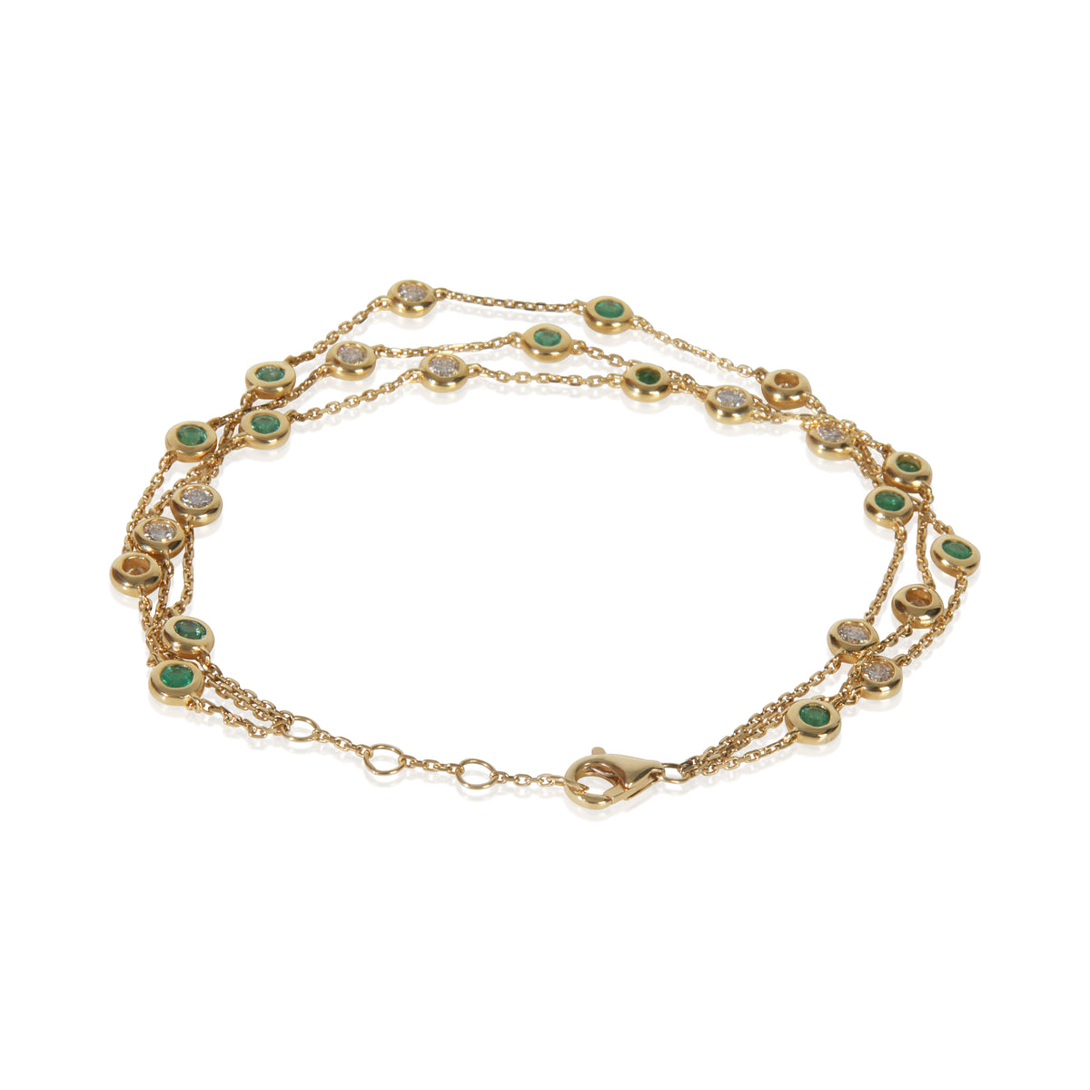 Yellow Gold Emerald and Diamond Triple Strand Station Bracelet