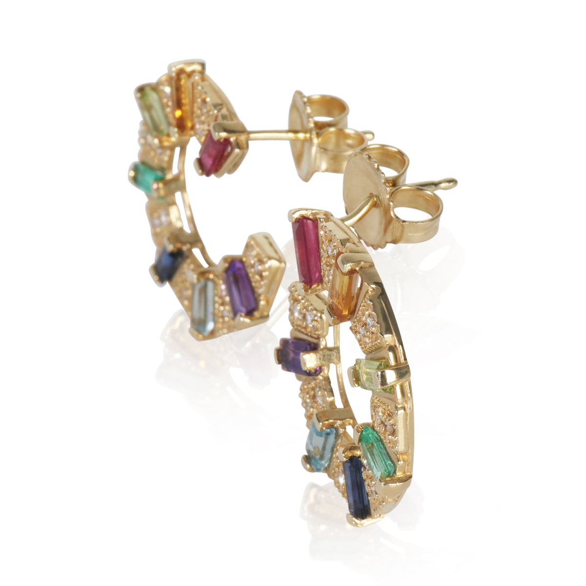 Yellow Gold Diamond & Rainbow Gemstone Earrings