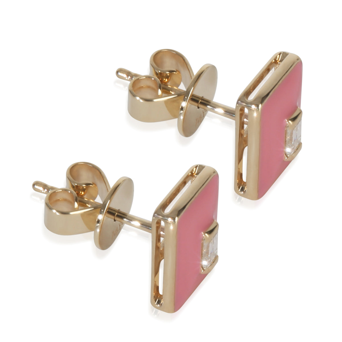 Yellow Gold Diamond & Pink Enamel Earrings