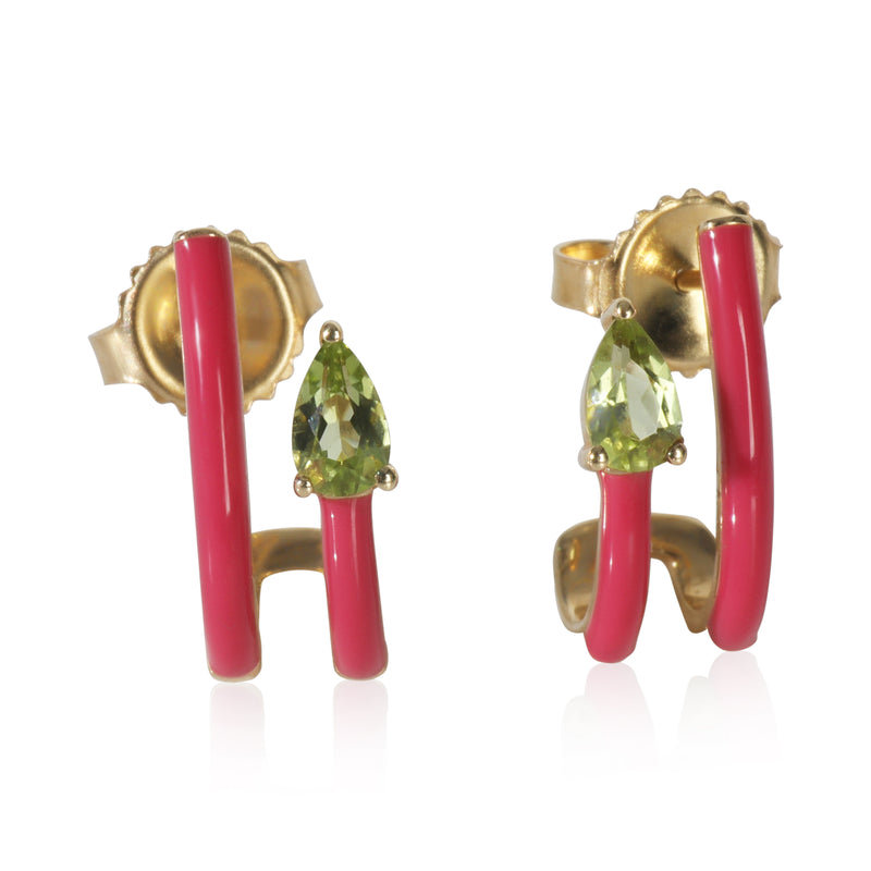 Yellow Gold Peridot & Pink Enamel J Hoop Earrings