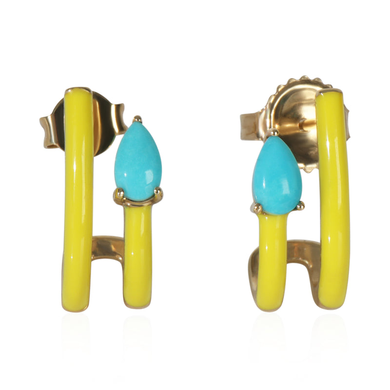 Yellow Gold Turquoise & Tan Enamel J Hoop Earrings