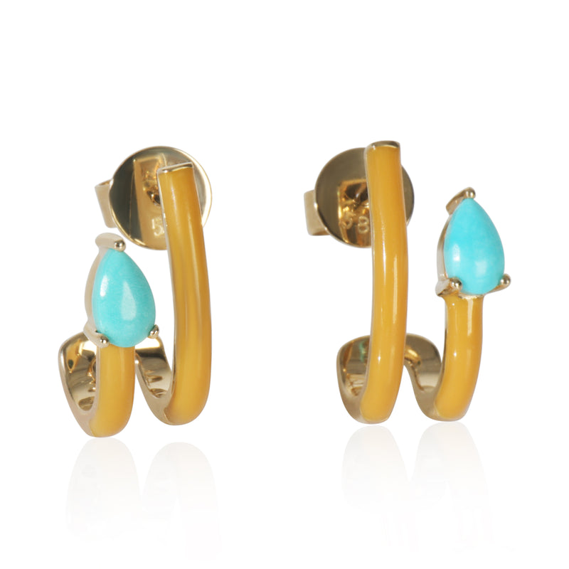 Yellow Gold Turquoise & Tan Enamel J Hoop Earrings