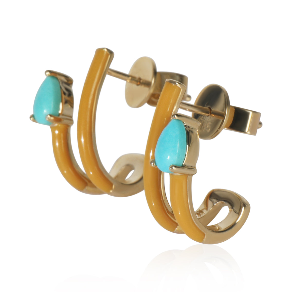 Yellow Gold Turquoise & Tan Enamel J Hoop Earrings