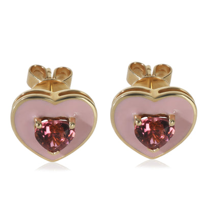 Yellow Gold Tourmaline Pink Enamel Heart Earrings