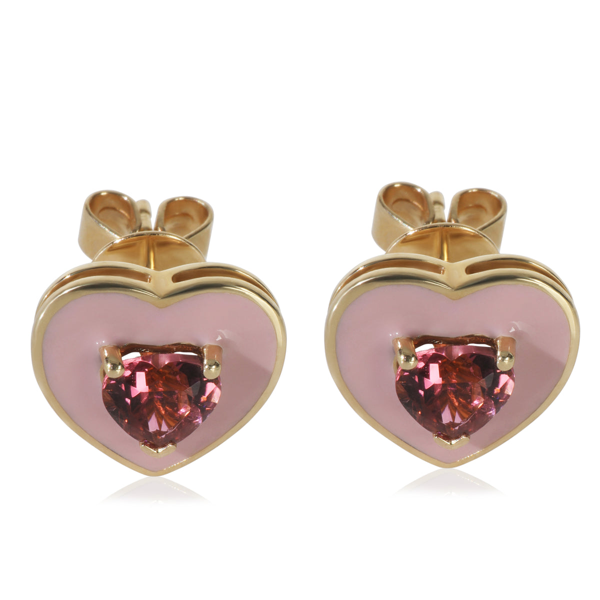 Yellow Gold Tourmaline Pink Enamel Heart Earrings