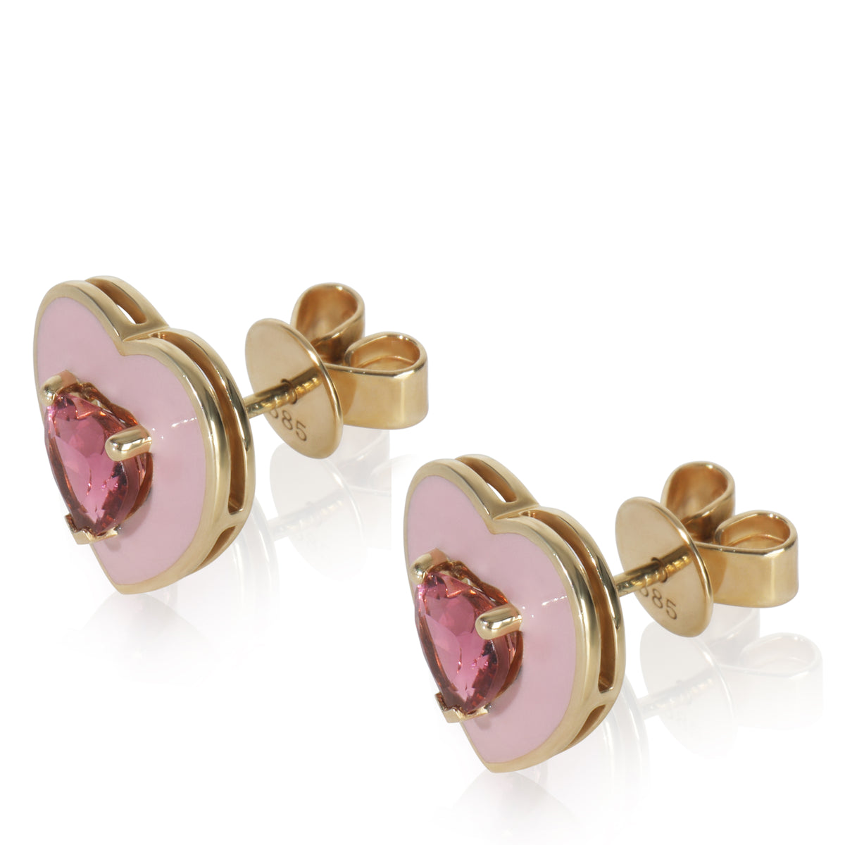 Yellow Gold Tourmaline Pink Enamel Heart Earrings