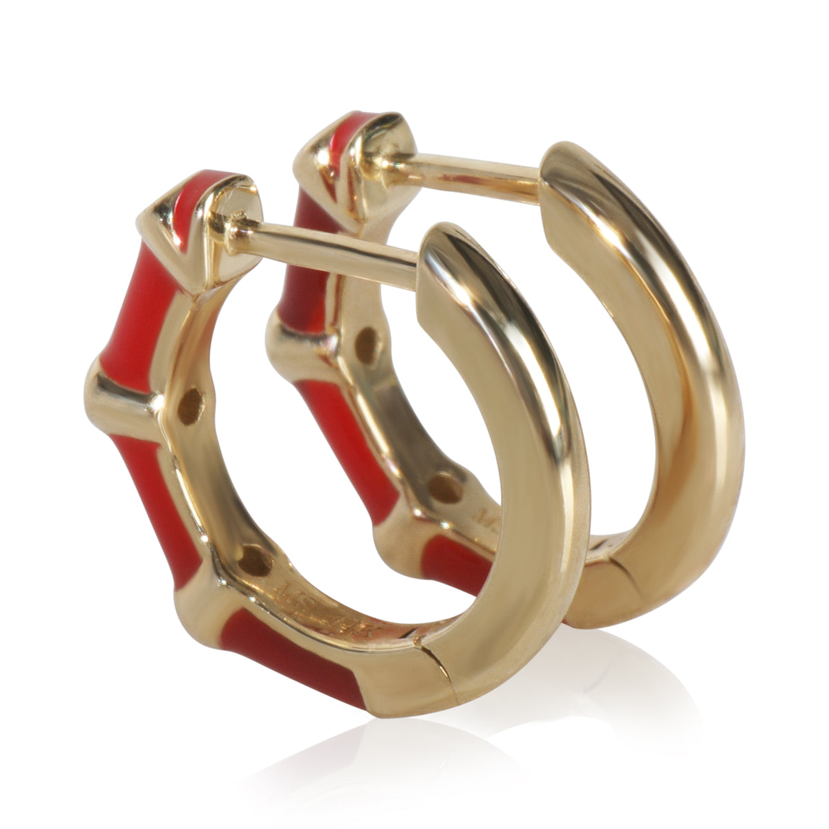 Yellow Gold Diamond Red Enamel Huggie Earrings