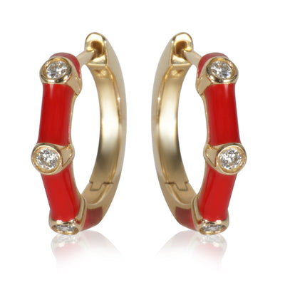Yellow Gold Diamond Red Enamel Huggie Earrings