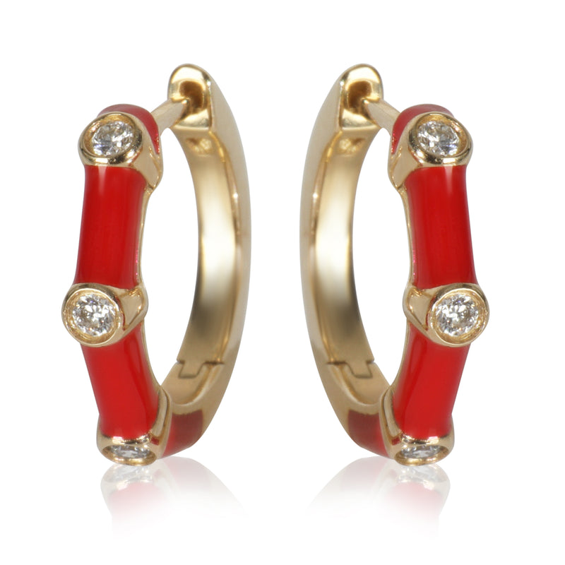 Yellow Gold Diamond Red Enamel Huggie Earrings