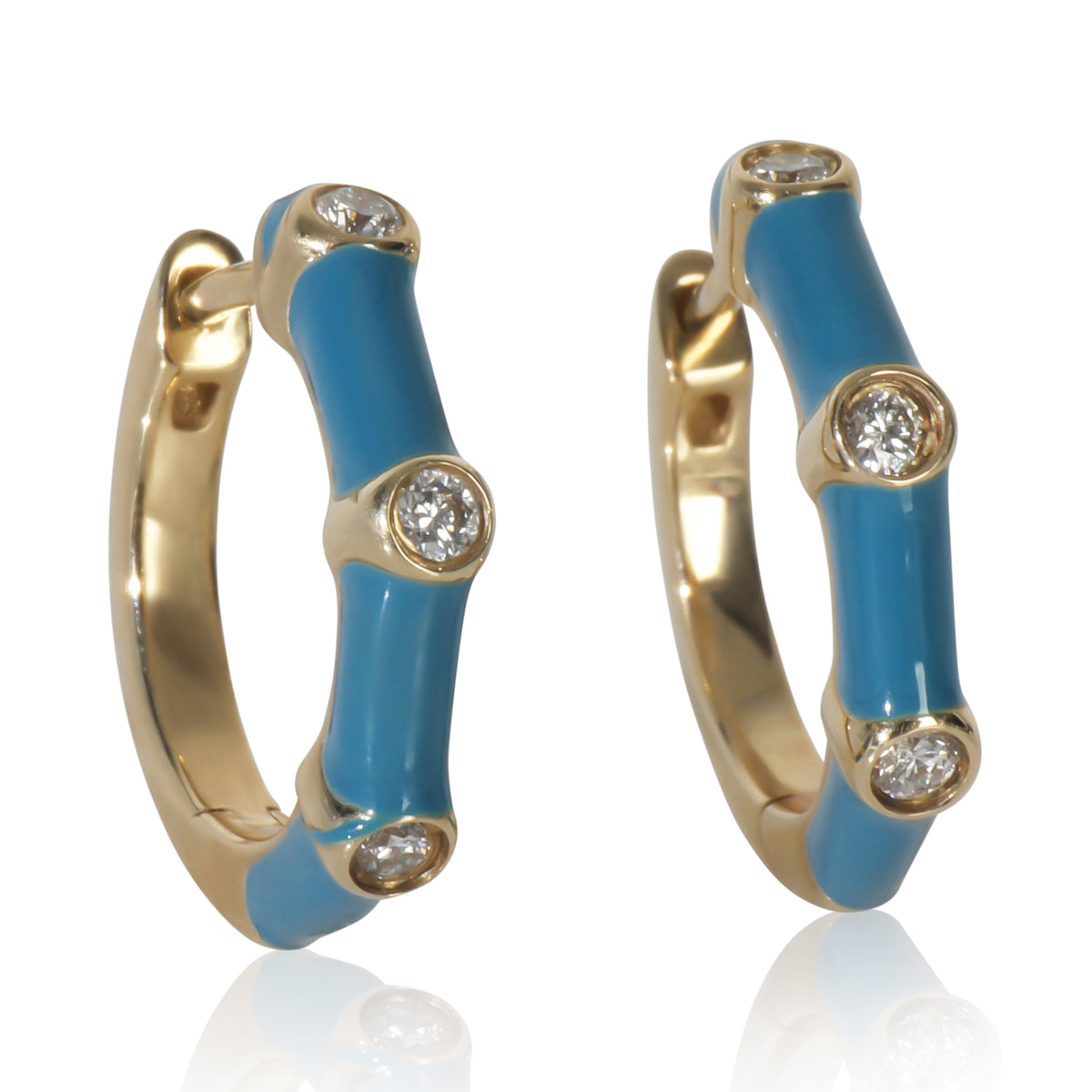 Yellow Gold Diamond Blue Enamel Huggie Earrings