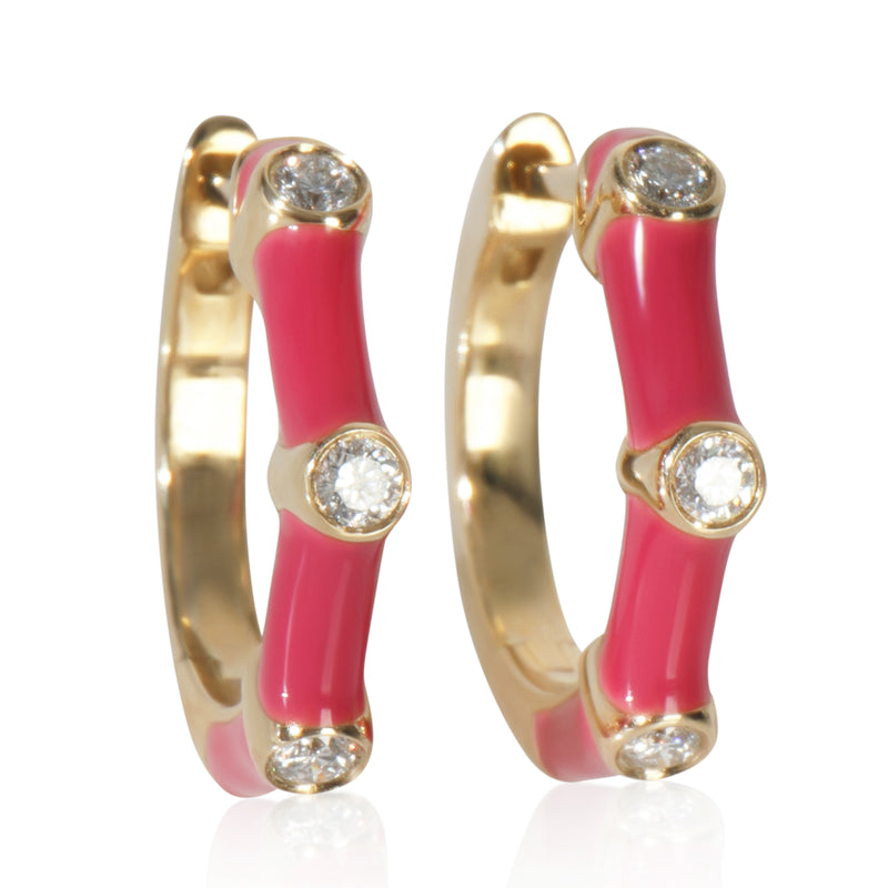 Yellow Gold Diamond Fuchsia Enamel Huggie Earrings