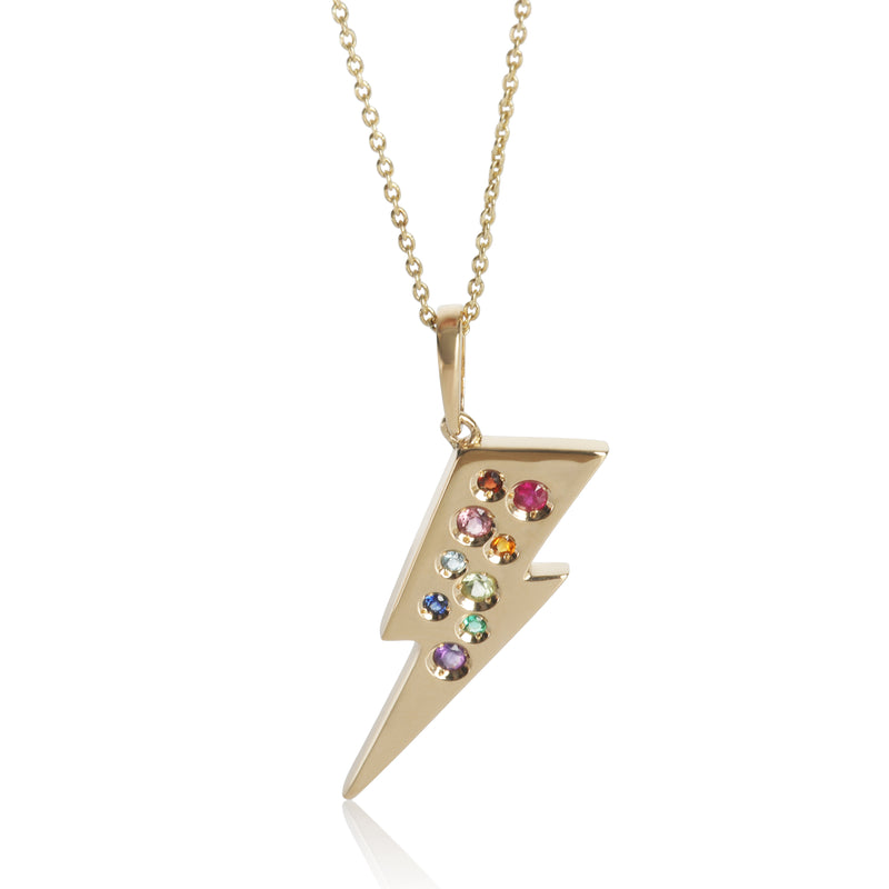 Yellow Gold  Lightening Bolt With Rainbow Gemstones Pendant
