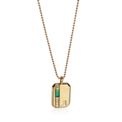 Yellow Gold Emerald and Diamond Mini Tag Pendant With Initial A Pendant