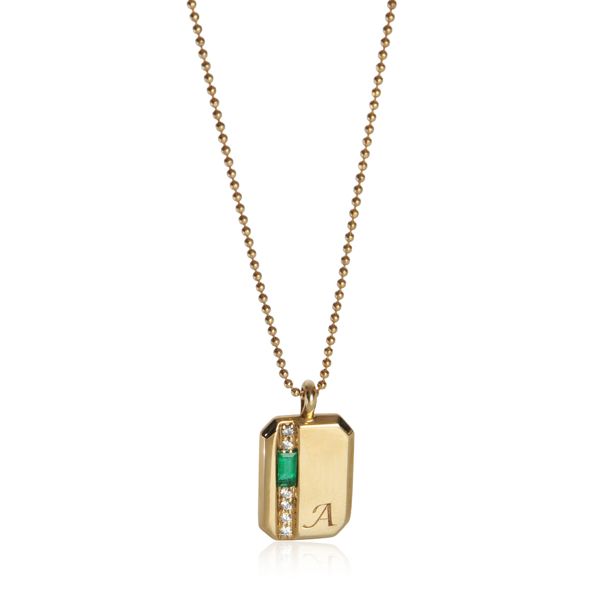 Yellow Gold Emerald and Diamond Mini Tag Pendant With Initial A Pendant