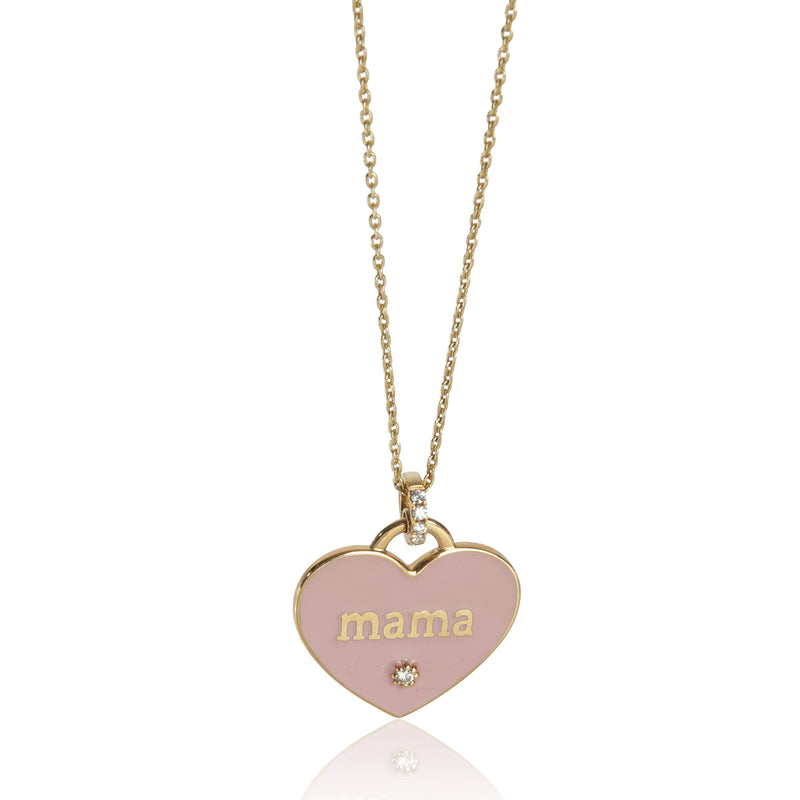 14K Yellow Gold Pink Enamel & Diamond Mama Heart Pendant, .06 Ctw.