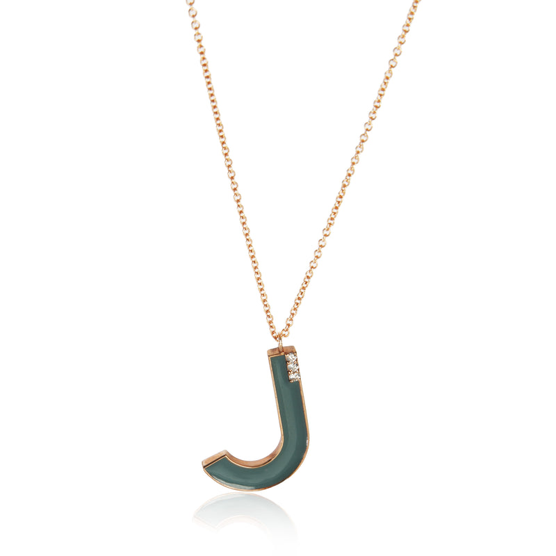Rose Gold Diamond Large Blue Enamel Initial J Pendant
