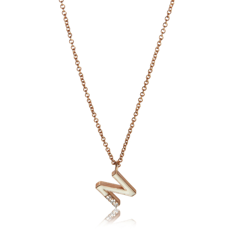 Rose Gold Diamond Mini Cream Enamel Initial N Pendant
