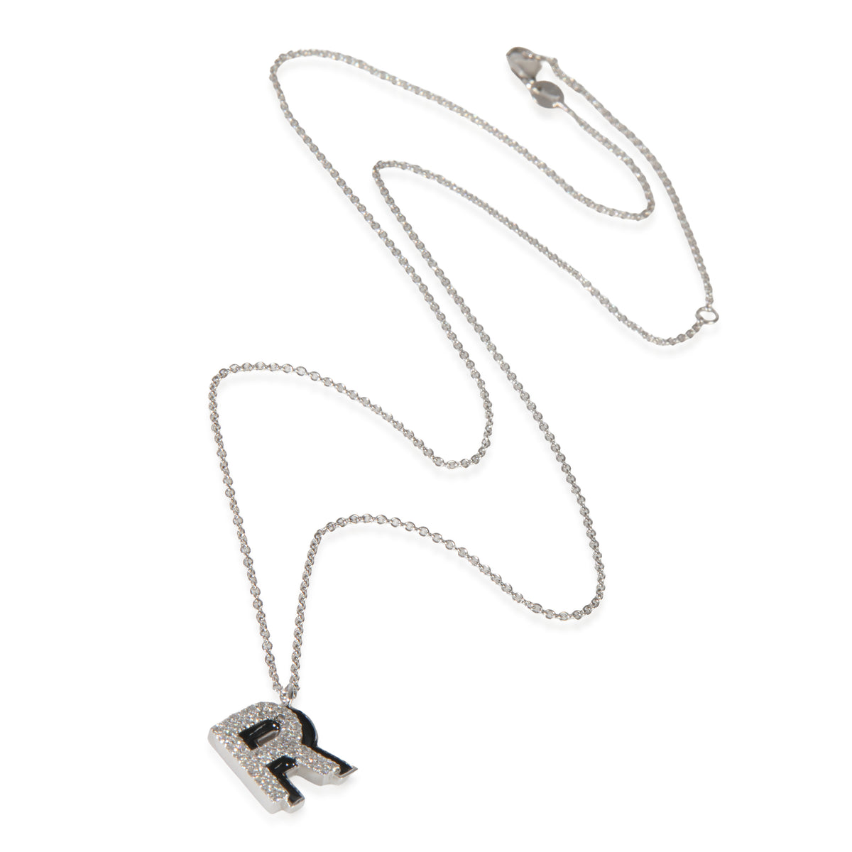 White Gold Diamond Black Enamel Initial R Pendant