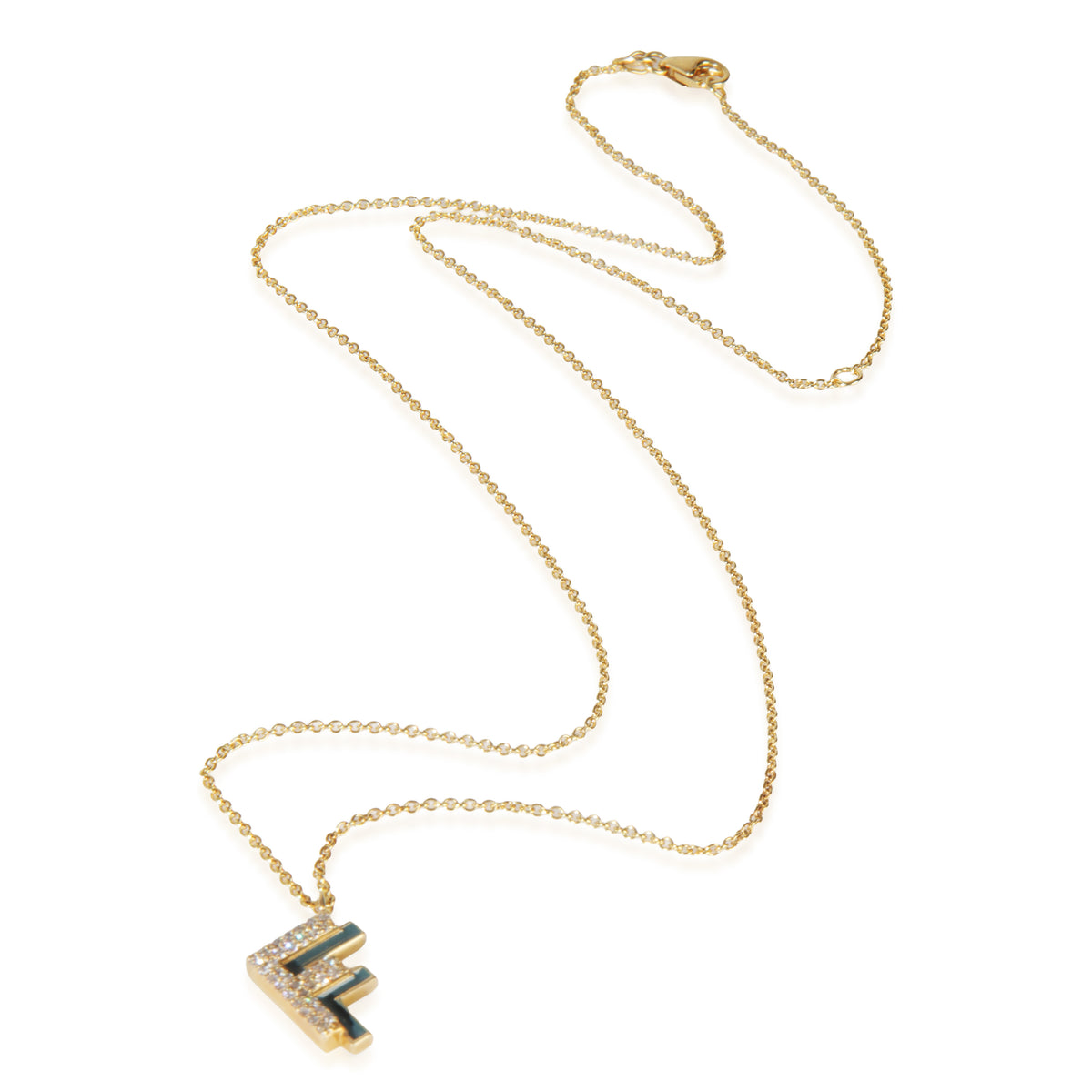 Yellow Gold Diamond Green Enamel Initial F Pendant