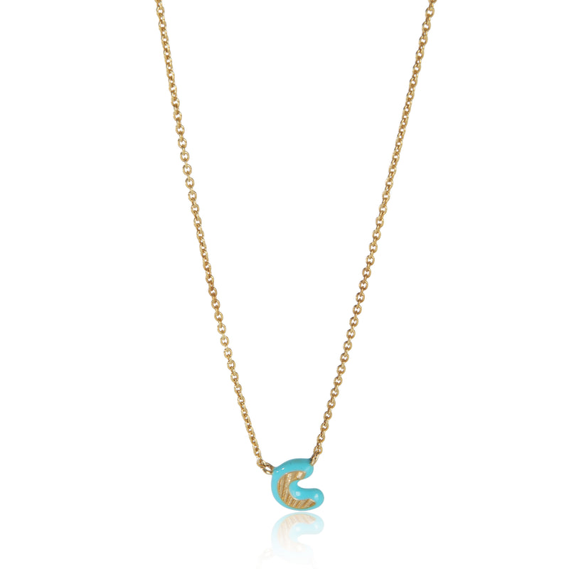 Yellow Gold  Teal Enamel Mini Initial C Pendant