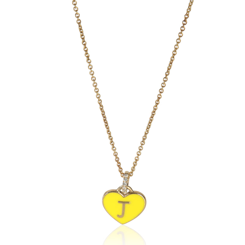 Yellow Gold Diamond Yellow Enamel Heart With Initial J Pendant