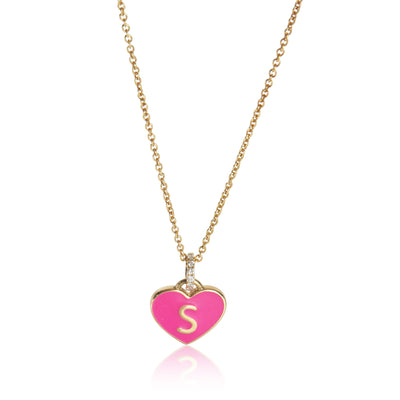 Yellow Gold Diamond Hot Pink Enamel Heart With Initial S Pendant