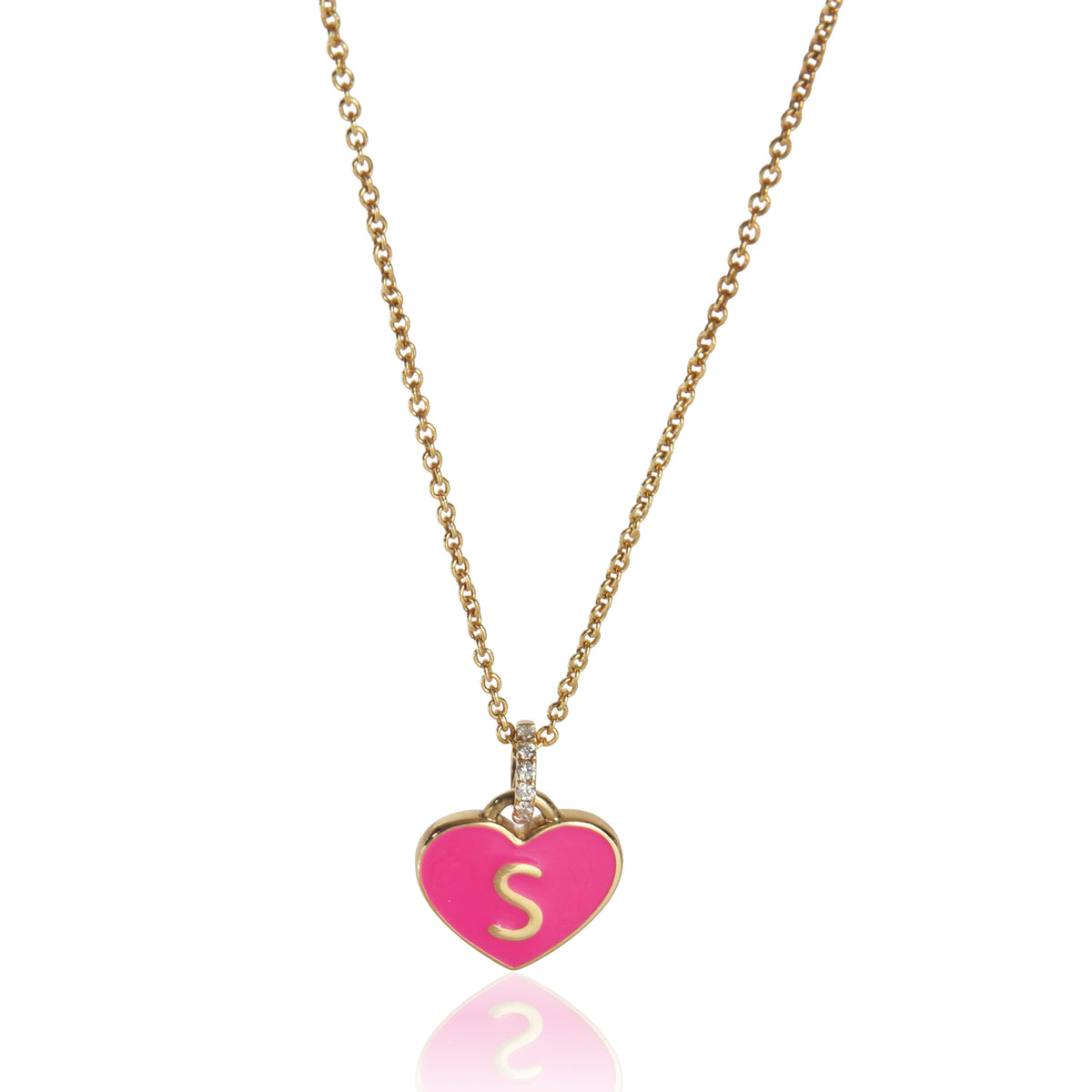 Yellow Gold Diamond Hot Pink Enamel Heart With Initial S Pendant