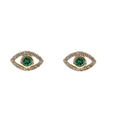 Yellow Gold Emerald and Diamond Evil Eye Earrings