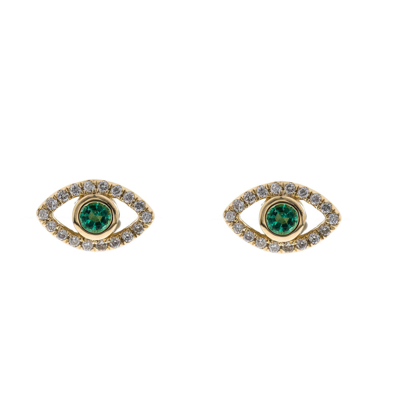 Yellow Gold Emerald and Diamond Evil Eye Earrings