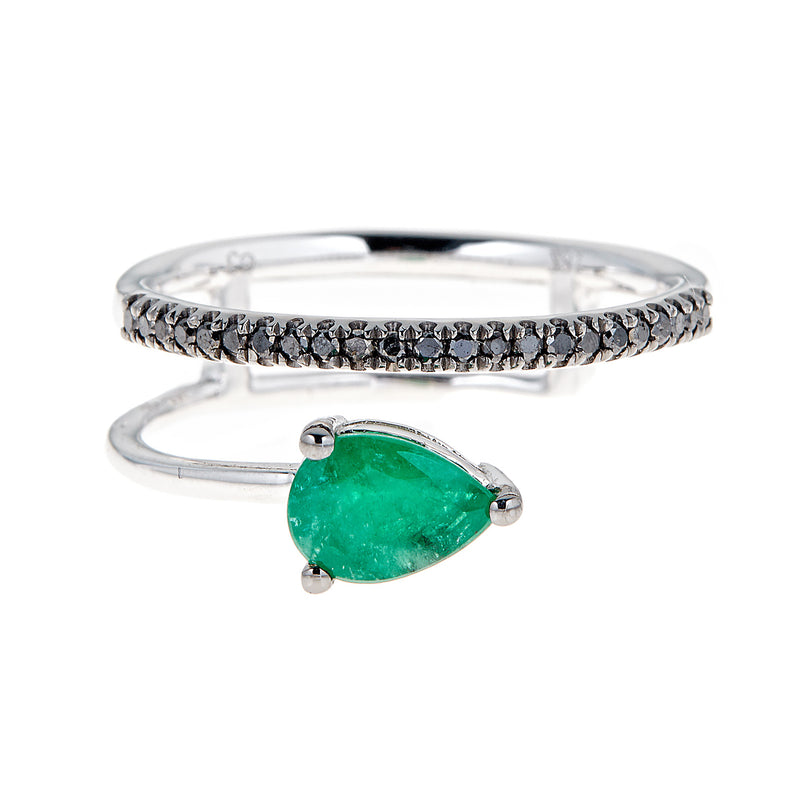 White Gold Emerald and Diamond Bypass Ring