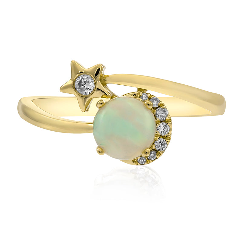 Yellow Gold Opal and Diamond Star Bypass Ring